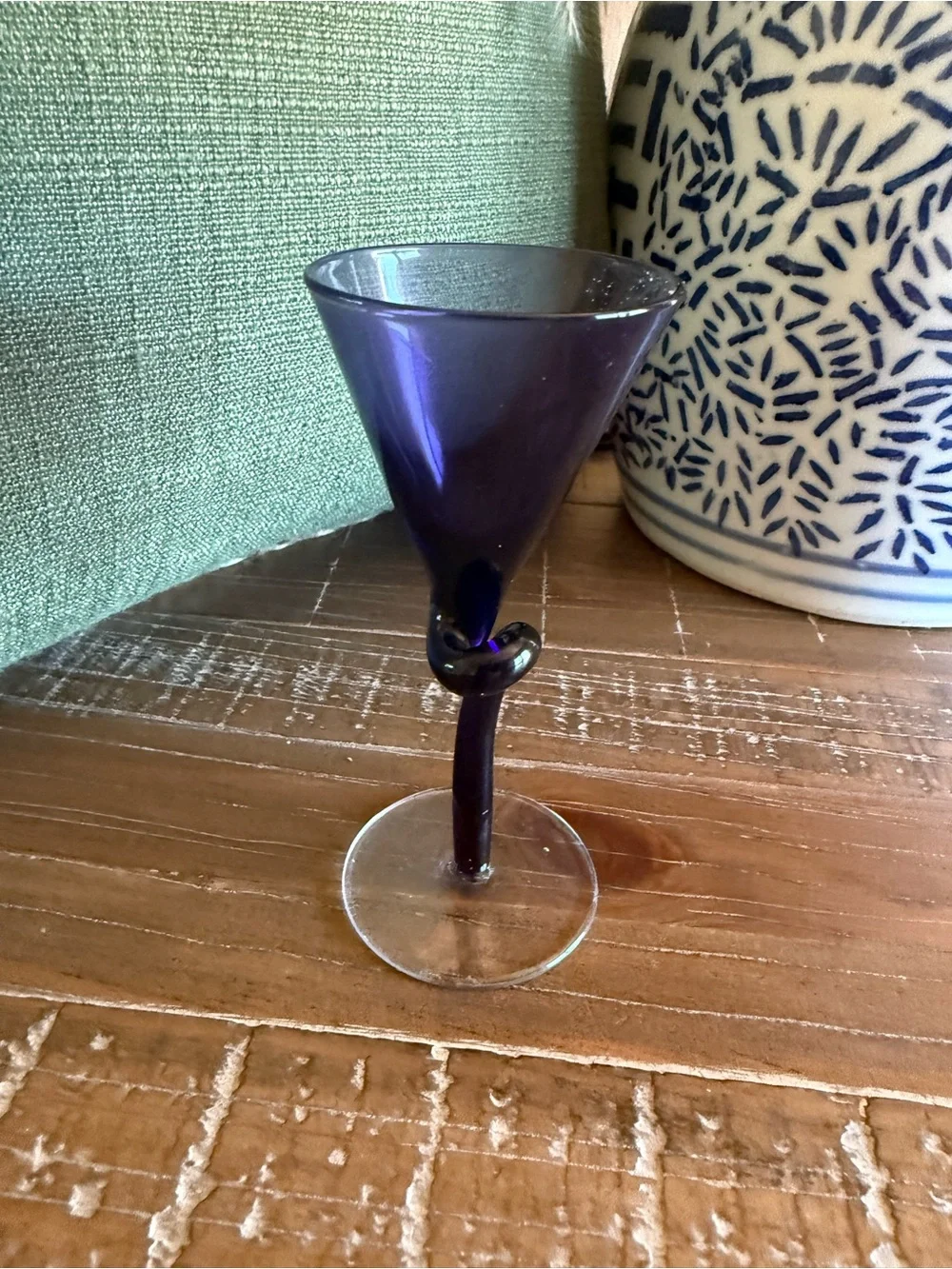 Pier 1 Imports Knotted Stem Martini Glasses Hand Blown Purple Amber Set of 2